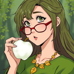 In a manga style, a green and brown-haired adult woman with green eyes and red glasses, wearing a golden leaf necklace, is eating a legendary white crystal apple