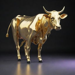 A cow designed in cyberpunk style, enrobed in shiny gold plating with neon accents.