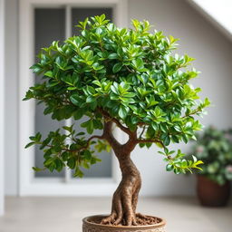 A beautiful jade tree with lush green leaves and a thick, sturdy trunk