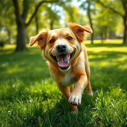 A detailed and realistic image of a happy dog playing in a sunny park with green grass and trees in the background.