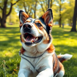 A detailed and realistic image of a happy dog playing in a sunny park with green grass and trees in the background.