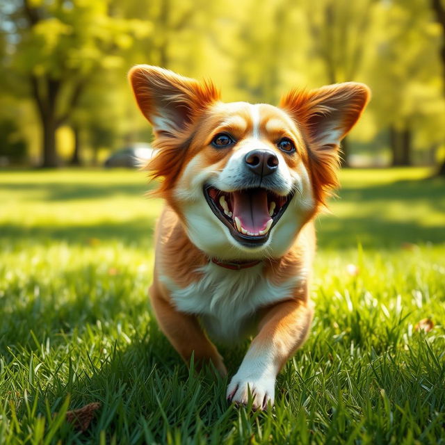 A detailed and realistic image of a happy dog playing in a sunny park with green grass and trees in the background.