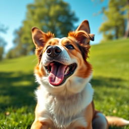 A detailed and realistic image of a happy dog playing in a sunny park with green grass and trees in the background.