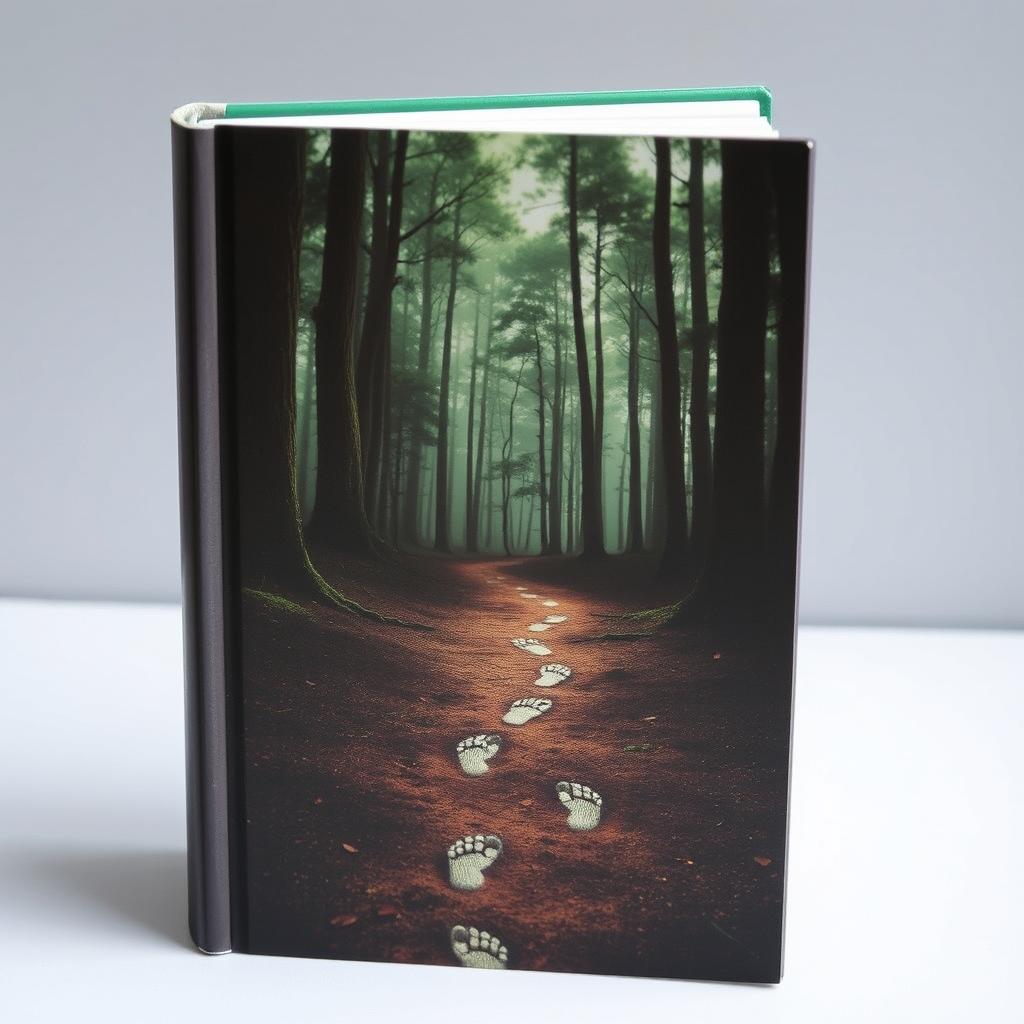 A captivating book cover featuring a trail of footprints leading into a mysterious forest