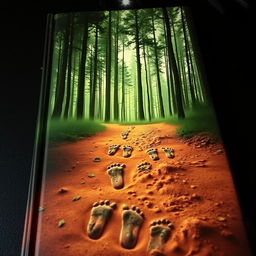 A captivating book cover featuring a trail of footprints leading into a mysterious forest