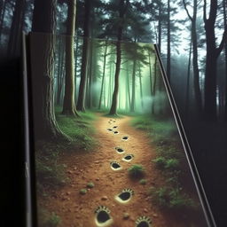 A captivating book cover featuring a trail of footprints leading into a mysterious forest