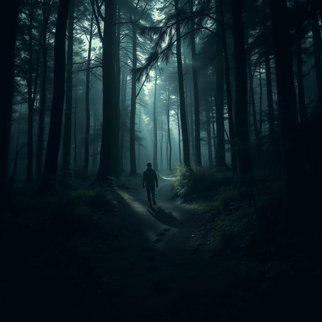 Create an image of footprints in a dense, dark forest