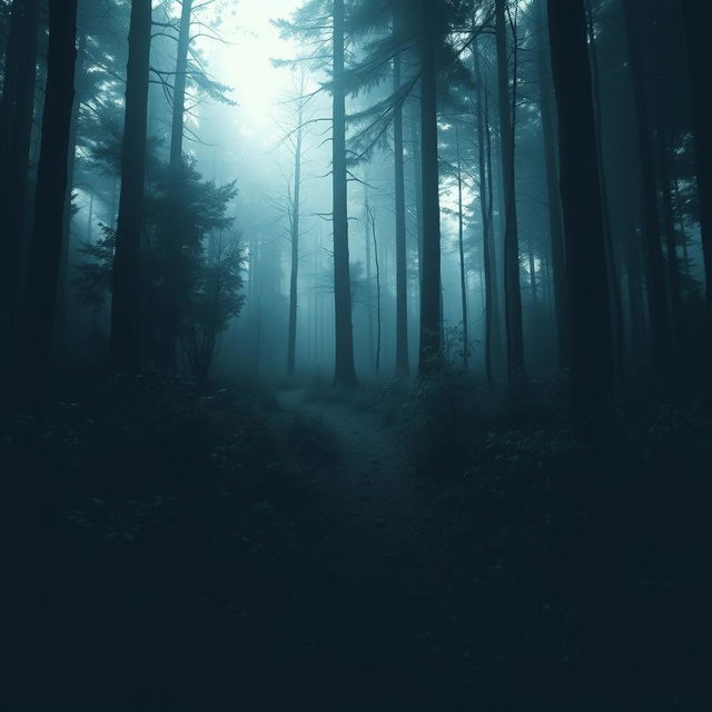 Create an image of footprints in a dense, dark forest