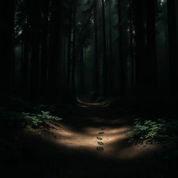 Create an image of footprints in a dense, dark forest