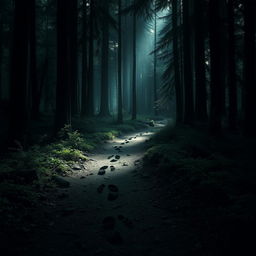 Create an image of footprints in a dense, dark forest