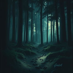 Create a book cover featuring footprints in a dense, dark forest