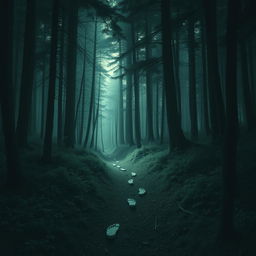 Create a book cover featuring footprints in a dense, dark forest