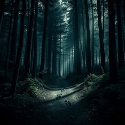 Create a book cover featuring footprints in a dense, dark forest