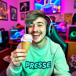 A vibrant and cheerful scene featuring a Twitch streamer named Pressea enjoying an ice cream