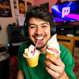 A vibrant and cheerful scene featuring a Twitch streamer named Pressea enjoying an ice cream