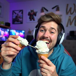 A vibrant and cheerful scene featuring a Twitch streamer named Pressea enjoying an ice cream