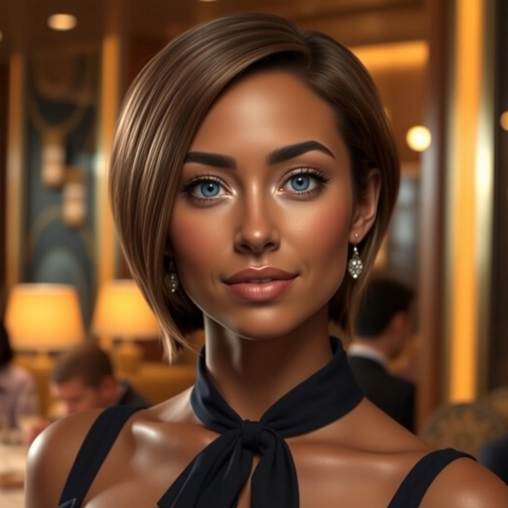 A hostess maiden with short hazel hair and deep blue eyes