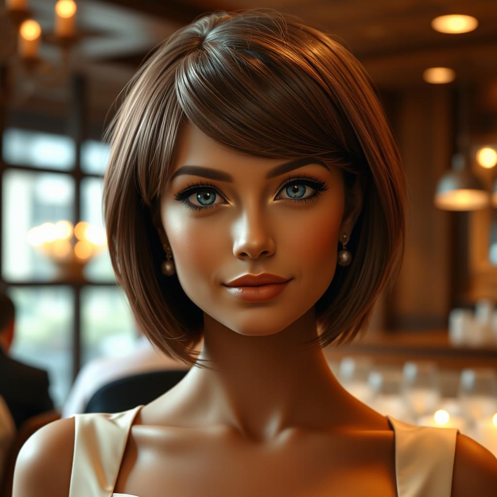 A hostess maiden with short hazel hair and deep blue eyes