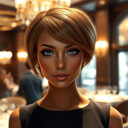 A hostess maiden with short hazel hair and deep blue eyes