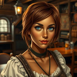 A tavern hostess maiden with short hazel hair and deep blue eyes