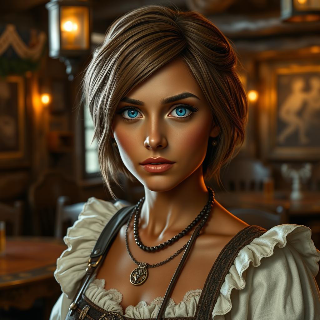 A tavern hostess maiden with short hazel hair and deep blue eyes