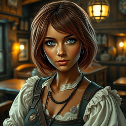 A tavern hostess maiden with short hazel hair and deep blue eyes