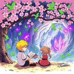 A quiet manga boy with yellow hair and a girl sitting underneath a cherry blossom tree, reading a book together