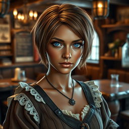 A tavern hostess maiden with short hazel hair and deep blue eyes