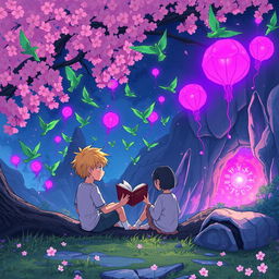 A quiet manga boy with yellow hair and a girl sitting underneath a cherry blossom tree, reading a book together