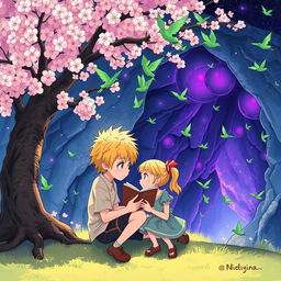 A quiet manga boy with yellow hair and a girl sitting underneath a cherry blossom tree, reading a book together