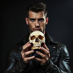 A handsome bondage man holding a skull in his hands, with a mysterious and dark background