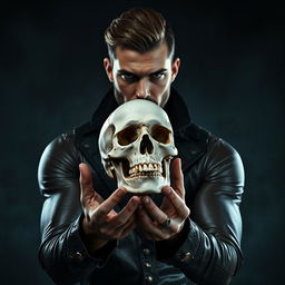 A handsome bondage man holding a skull in his hands, with a mysterious and dark background