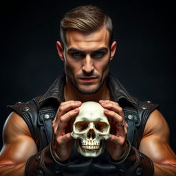 A handsome bondage man holding a skull in his hands, with a mysterious and dark background