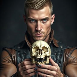 A handsome bondage man holding a skull in his hands, with a mysterious and dark background