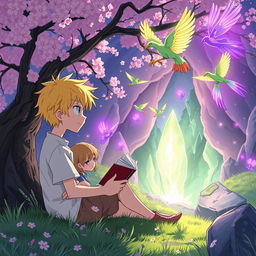 A quiet manga boy with yellow hair and a girl sitting underneath a cherry blossom tree, reading a book together