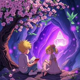 A quiet manga boy with yellow hair and a girl sitting underneath a cherry blossom tree, reading a book together