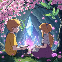 A quiet manga boy with yellow hair and a girl sitting underneath a cherry blossom tree, reading a book together