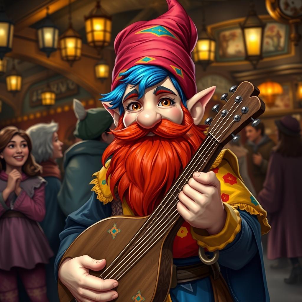 A handsome young bard gnome with blue hair and a red beard