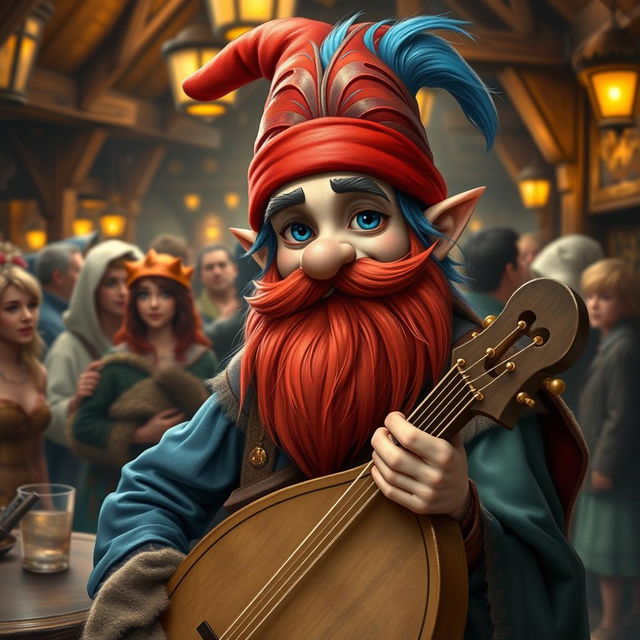 A handsome young bard gnome with blue hair and a red beard