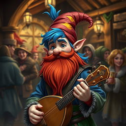 A handsome young bard gnome with blue hair and a red beard