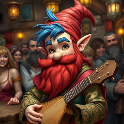 A handsome young bard gnome with blue hair and a red beard