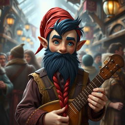 A handsome young bard gnome with dark blue hair and a red braided beard