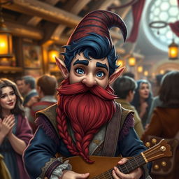 A handsome young bard gnome with dark blue hair and a red braided beard