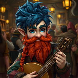 A handsome young bard gnome with dark blue hair and a red braided beard