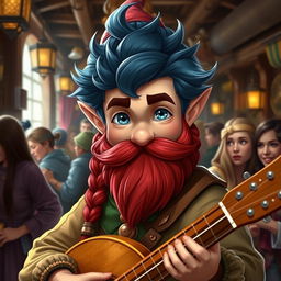 A handsome young bard gnome with dark blue hair and a red braided beard