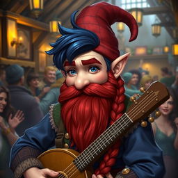 A handsome bard gnome with dark blue hair and a red braided beard