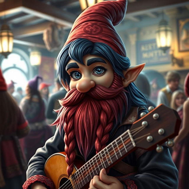 A handsome bard gnome with dark blue hair and a red braided beard