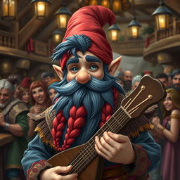 A handsome bard gnome with dark blue hair and a red braided beard