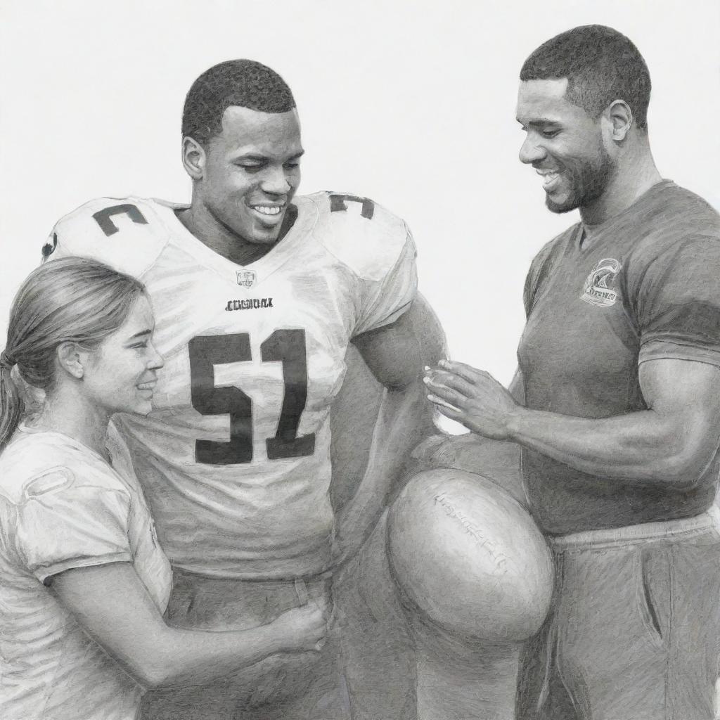 Drawing of supportive individuals helping football players manage stress and pressure, conveying an atmosphere of empathy and encouragement