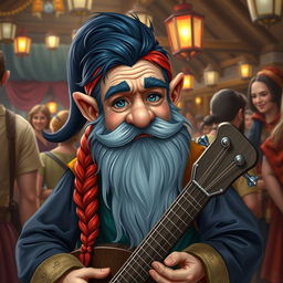 A handsome bard gnome with dark blue hair and a red braided beard